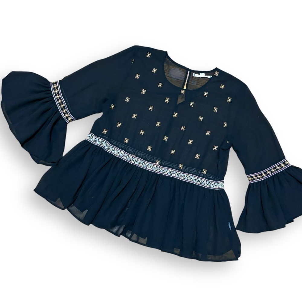 Chelsea & Theodore Black 3/4 Bell Sleeve Embroidered Boho Top - Size Large